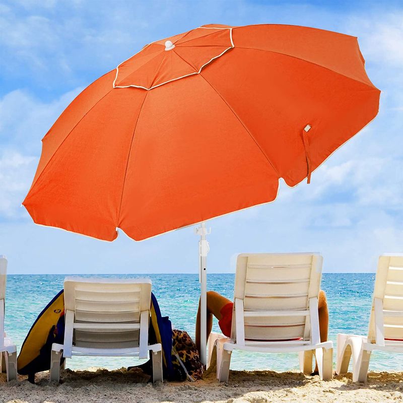 Photo 1 of 6.5FT Beach Umbrella Portable Outdoor Patio Sun Shelter with Sand Anchor, Fiberglass Rib, Push Button Tilt and Carry Bag (Orange)
