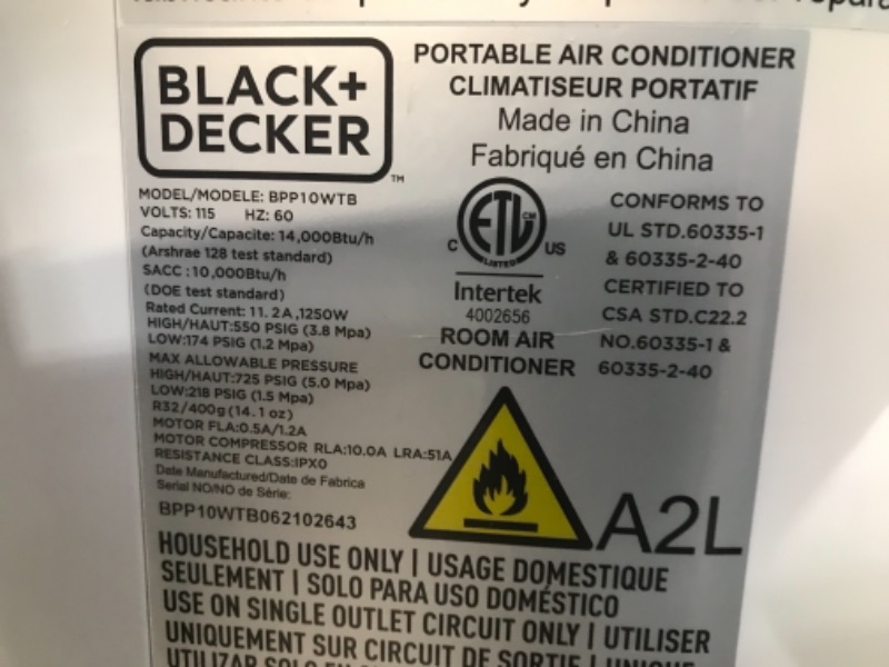 Photo 5 of BLACK+DECKER BPP10WTB Portable Air Conditioner with Remote Control, 10,000 BTU SACC/CEC (14,000 BTU ASHRAE), Cools up to 450 Square Feet, White
**BLOWS ICE COLD**MISSING REMOTE**