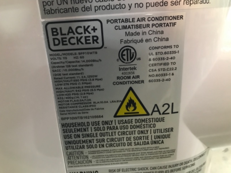 Photo 6 of BLACK+DECKER BPP10WTB Portable Air Conditioner with Remote Control, 10,000 BTU SACC/CEC (14,000 BTU ASHRAE), Cools Up to 450 Square Feet, White
**MISSING ACCESSORIES**