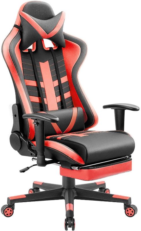 Photo 1 of Homall Ergonomic High-Back Racing Chair | Leather Bucket Seat, Headrest, Footrest and Lumbar Support | Black & Red
