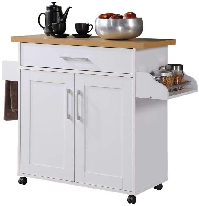 Photo 1 of 
Hodedah Kitchen Island with Spice Rack, Towel Rack & Drawer, White with Beech Top
