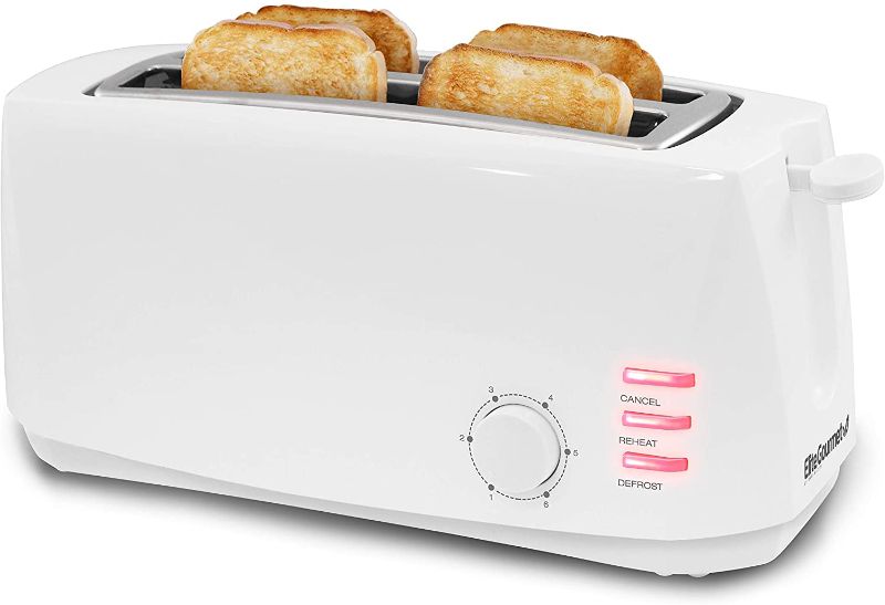 Photo 1 of Elite Gourmet Long Cool Touch Toaster 1.25" Defrost, Reheat, Cancel Functions, Slide Out Crumb Tray, Extra Wide Slots for Bagels Waffles, 4-Slice, White
