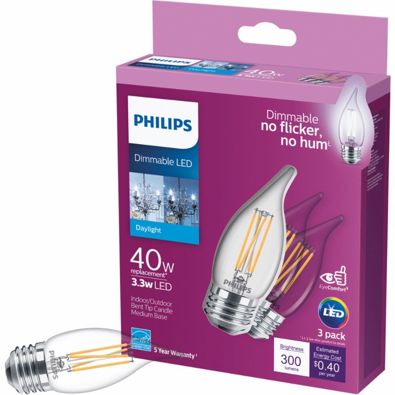 Photo 1 of 5 Philips 40-Watt Equivalent B11 Dimmable Edison LED Candle Light Bulb Glass Bent Tip Medium Base Daylight (5000K) (3-Pack)