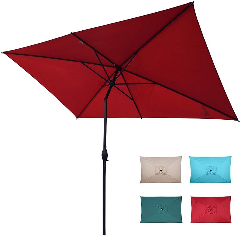 Photo 1 of Abba Patio 6.5 x 10ft Rectangular Patio Umbrella Outdoor Market Table Umbrella with Push Button Tilt and Crank for Garden, Lawn, Deck, Backyard & Pool, Red
