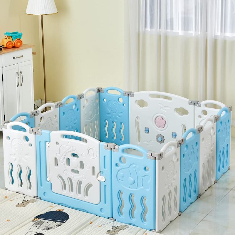 Photo 1 of Albott Baby Play Yards - 14 Panel Foldable Baby Playpen, Indoor Outdoor HDPE Baby Fence with Game Panel, Safety Lock, Non-Slip Suction Cup, Adjustable Shape Sky Blue
