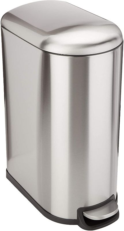 Photo 1 of Amazon Basics 40 Liter / 10.5 Gallon Soft-Close, Smudge Resistant Trash Can with Foot Pedal for Narrow Spaces - Brushed Stainless Steel
