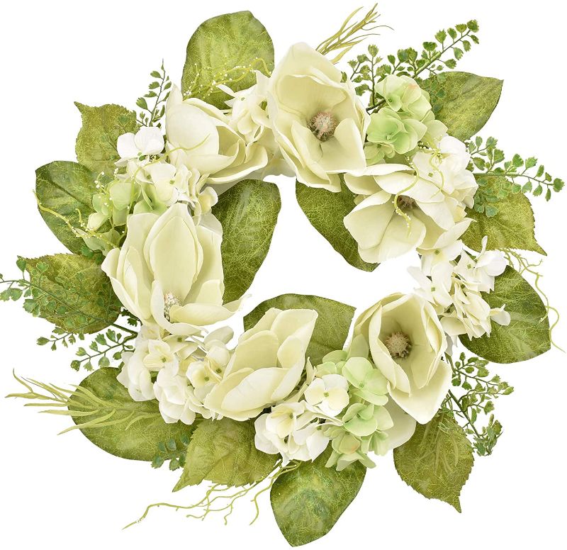 Photo 1 of ALLHANA Hydrangea Flower Spring Magnolia Wreath for Front Door, 22 Inch Artificial Summer Wreaths Green Leaves for Farmhouse Home Outdoor Wedding Windows Wall Decor
