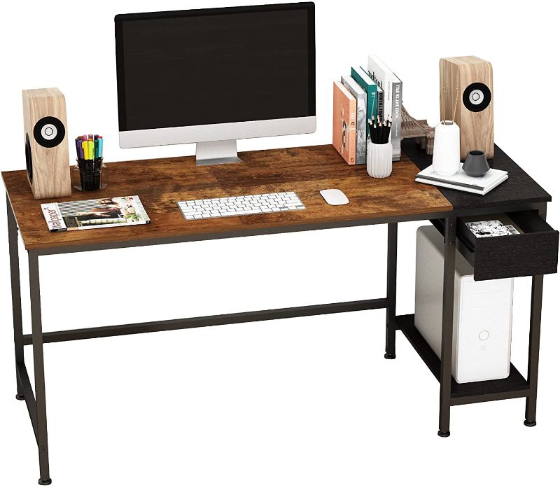 Photo 1 of JOISCOPE Computer Desk for Home Office,Laptop Desk with Metal Drawer,Industrial Study Writing Table with Storage Shelves,Simple Table with Splice Board,60 inches (Vintage Oak Finish)
