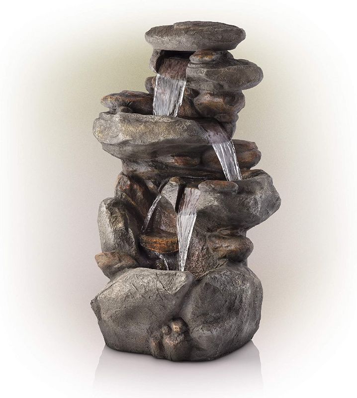 Photo 1 of Alpine Corporation Alpine WIN316 Waterfall 4-Tiered Rock Fountain w/LED Lights, 40 Inch Tall, Pack of 1, Beige
