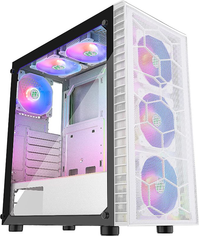 Photo 1 of MUSETEX Mesh ATX PC Gaming Case with 6 PCS ARGB Fans USB 3.0 Port Mid-Tower Airflow Tempered Glass Computer Chassis for ATX / Micro-ATX / ITX, White
