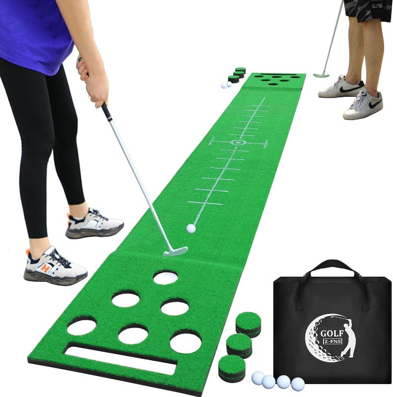 Photo 1 of 2-FNS Golf Putting Green Mat, Practice Golf Putting Mat Game Set for Backyard Office House Party with 4 Golf Balls, 1 Golf Mat, 12 Golf Hole Covers, 1 Carring Bag
