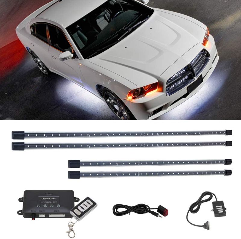Photo 1 of LEDGlow 4pc White LED Underbody Underglow Accent Lighting Kit for Cars - 12 Unique Patterns - Music Mode - Water Resistant Tubes - Includes Control Box & Wireless Remote
