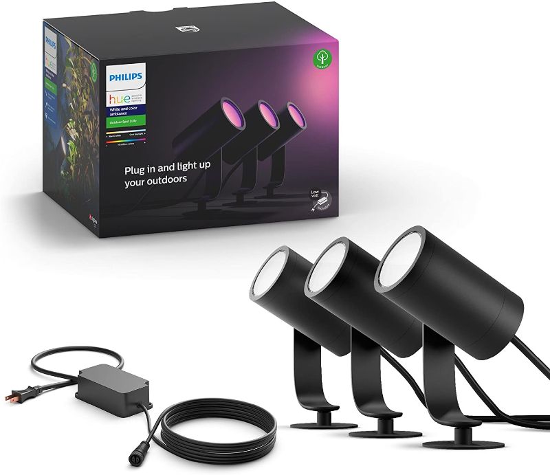 Photo 1 of Philips Hue Lily White & Color Outdoor Spot Light Base kit (Hue Hub required), 3 Spot Lights with power supply + mount, Works with Alexa, HomeKit & Google Assistant
