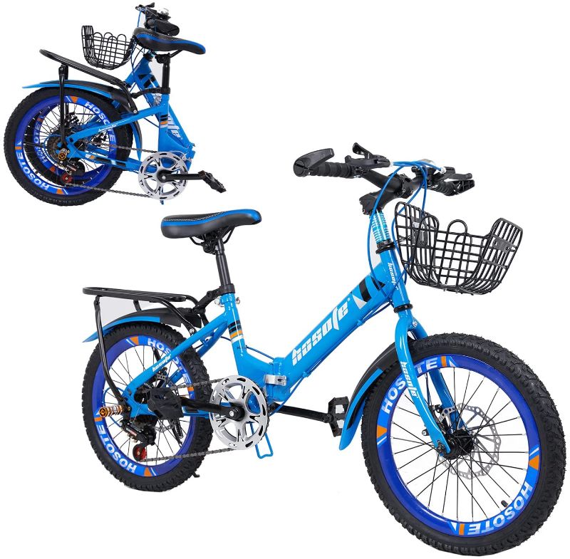 Photo 1 of hosote Folding Mountain Kids Bike, 20 inch Wheels, 7-Speed Drivetrain, Dual Disc Brake BMX Bike for 6-15 Years Boy and Girl, Children Teens, Portable Outdoor Bicycle with Backseat
