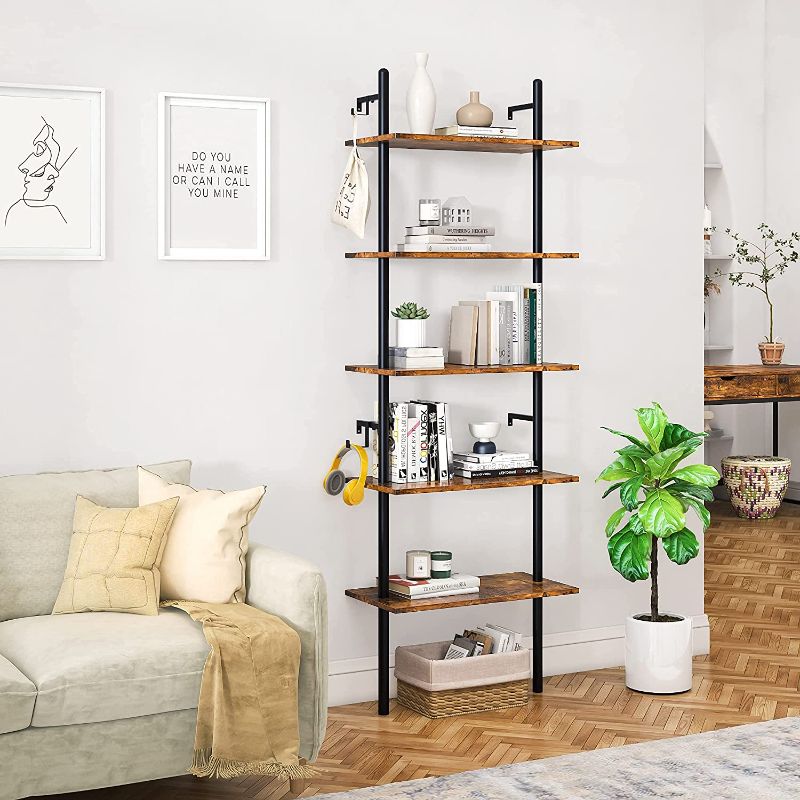 Photo 1 of Bestier 70" Industrial Wall-Mounted Ladder Shelf 5 Tier Bookshelf with Storage Organizer Plant Flower Display Stand Round Tube Bookcase Rack with 2 Hooks for Home Office, Rustic Brown
