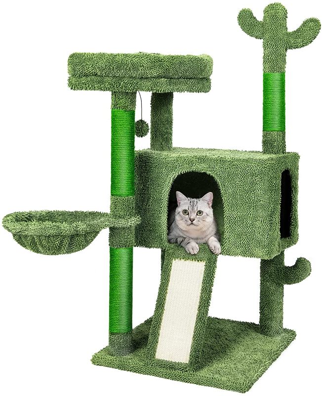 Photo 1 of BOSOZOKU Cactus Cat Tree Cat Tower 43'' with Sisal Scratching Post Board for Indoor Cats Cat Condo Kitty Play House with Perch Basket Toys for Kittens
