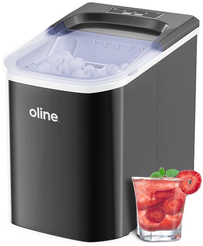 Photo 1 of Oline Ice Maker Machine, Automatic Self-Cleaning Portable Electric Countertop Ice Maker, 26 Pounds in 24 Hours, 9 Ice Cubes Ready in 7 Minutes, with Ice Scoop & Basket (Black)
