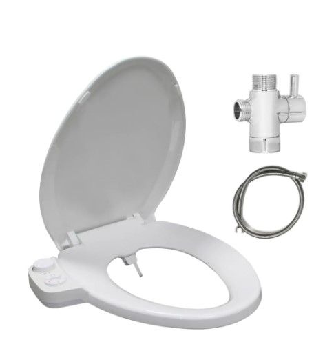 Photo 1 of 
eModernDecor
Soft Close Hygienic Dual Nozzles Non-Electric Bidet Elongated Toilet Seat in White with On/Off Brass T Adapter