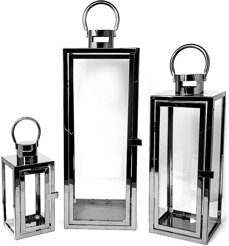 Photo 1 of allgala 3-PC Set Jumbo Luxury Modern Indoor/Outdoor Hurricane Candle Lantern Set with Chrome Plated Structure and Tempered Glass-Cuboid Black-HD88013
