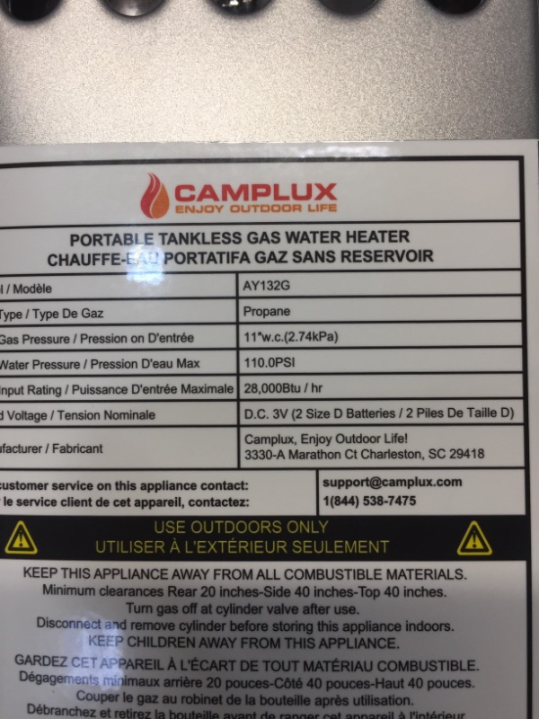 Photo 4 of Camplux 5L 1.32 GPM Portable Propane Water Heater, Outdoor Tankless Gas Water Heater for Camping Trip, Gray
