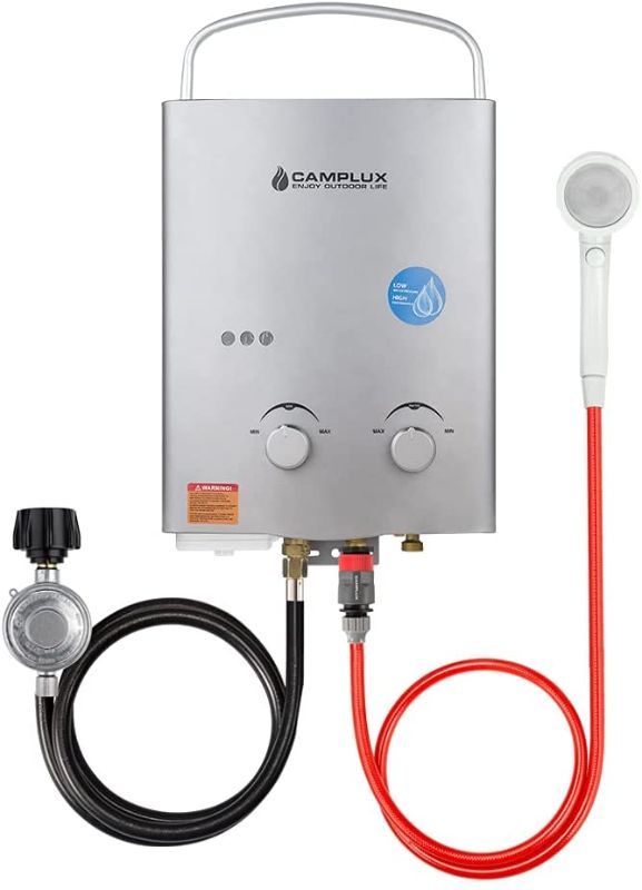 Photo 1 of Camplux 5L 1.32 GPM Portable Propane Water Heater, Outdoor Tankless Gas Water Heater for Camping Trip, Gray
