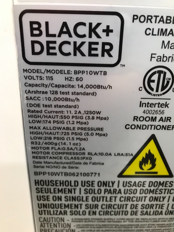 Photo 5 of BLACK+DECKER BPP10WTB Portable Air Conditioner with Remote Control, 10,000 BTU SACC/CEC (14,000 BTU ASHRAE), Cools Up to 450 Square Feet, White
//tested, powers on //missing components 