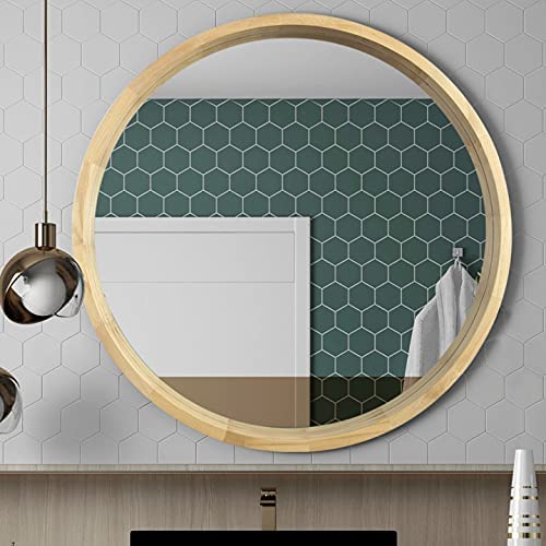 Photo 1 of Beauty4U Circle Mirror with Wood Frame, Round Modern Decoration Large Mirror for Bathroom Living Room Bedroom Entryway, Natural Wood, 30"
