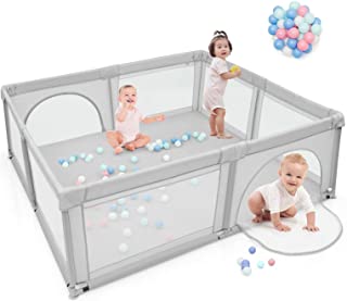 Photo 1 of Costzon Baby Playpen, Extra Large Playpen for Babies, Portable Play Yards Indoor Outdoor Gates for Kids with Gates/50 Ocean Balls/Anti-Slip Suckers/Breathable Mesh Walls, 81” x 73” x 27” (Grey)
