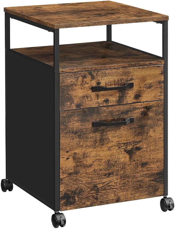 Photo 1 of Rolling File Cabinet, Mobile Office Cabinet on Wheels, with 2 Drawers, Open Shelf, for A4, Letter Size, Hanging File Folders, Industrial Style, Rustic Brown and Black