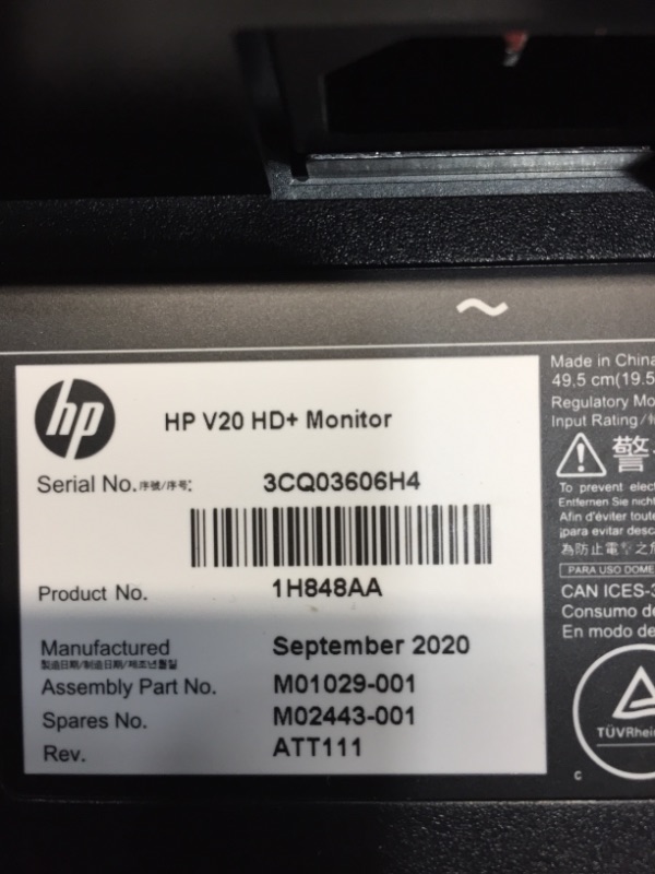 Photo 3 of HP V20 19.5" HD+ Monitor Black - 1600 x 900 HD+ Display @ 60Hz - 5 ms response time - Twisted Nematic Panel (TN) - 1 VGA & 1 HDMI Port