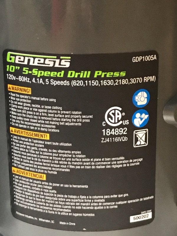 Photo 3 of Genesis GDP1005A 10" 5-Speed 4.1 Amp Drill Press with 5/8" Chuck, Integrated Work Light & Table That Rotates & Tilts
UNABLE TO TEST
