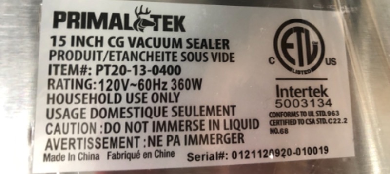 Photo 4 of PrimalTek 15 in" Commercial Grade Vacuum Sealer - User Friendly for Food Savers, 28 in” Vacuum Pressure – Features an Auto Cooling System, Smart Heat Technology, and Vacuum Bag Positioning Guides
