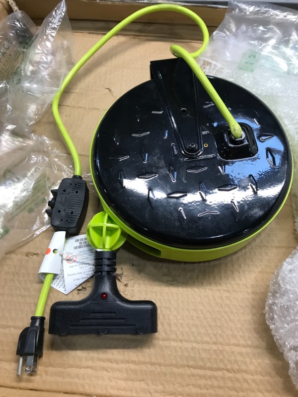 Photo 2 of 30Ft Retractable Extension Cord Reel with 3 Outlets - NEON GREEN