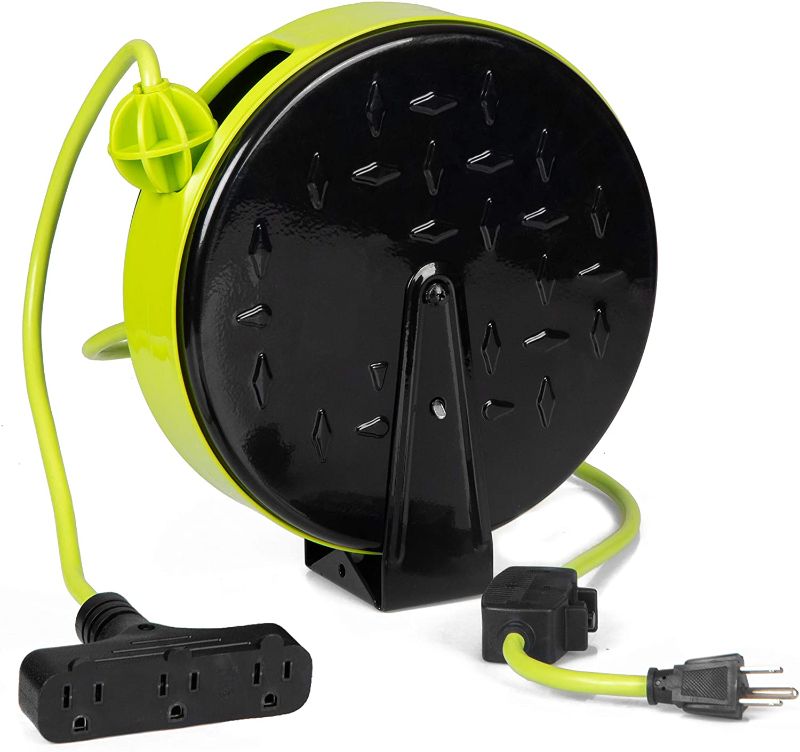 Photo 1 of 30Ft Retractable Extension Cord Reel with 3 Outlets - NEON GREEN