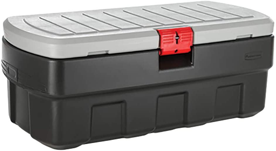 Photo 1 of Rubbermaid 48 Gallon Black Action Packer Lockable Latch Indoor and Outdoor Storage Box Container for Home, Garage, Backyard, (Single) left hinge stretched