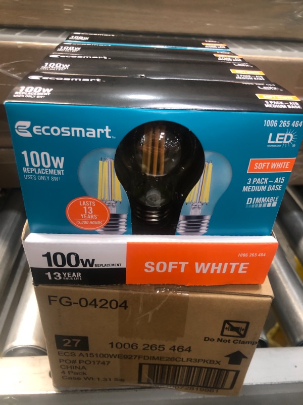 Photo 2 of 100-Watt Equivalent A15 Dimmable Appliance Fan Clear Glass Filament LED Vintage Edison Light Bulb Soft White (3-Pack)
4BOXES