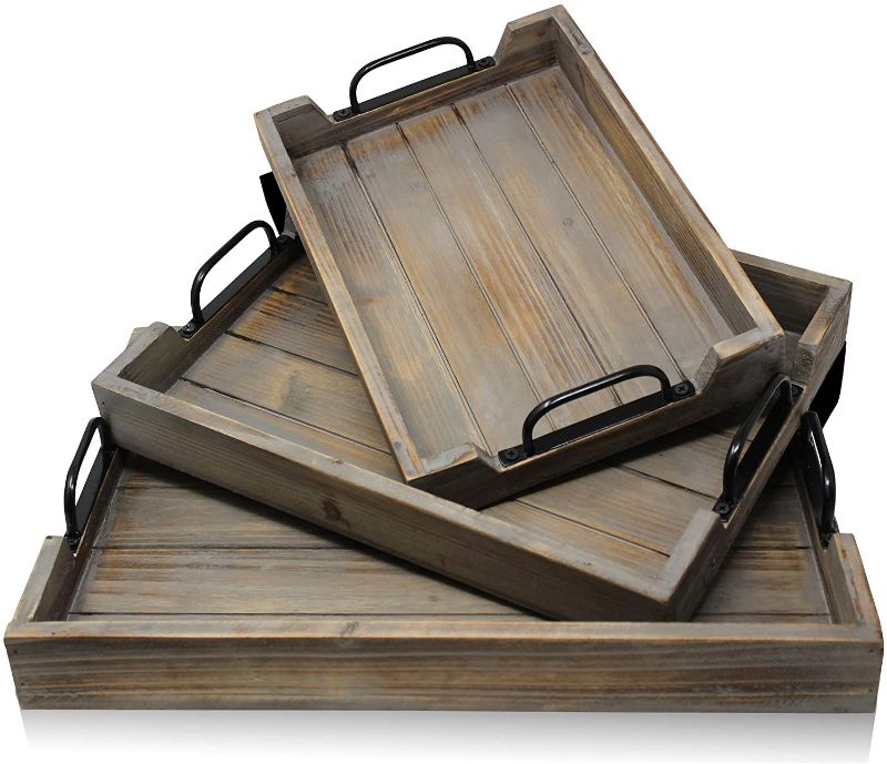 Photo 1 of 3 Pie­ce Decorative Nested Vintage Wood Serving Tray Set for Coffee Table