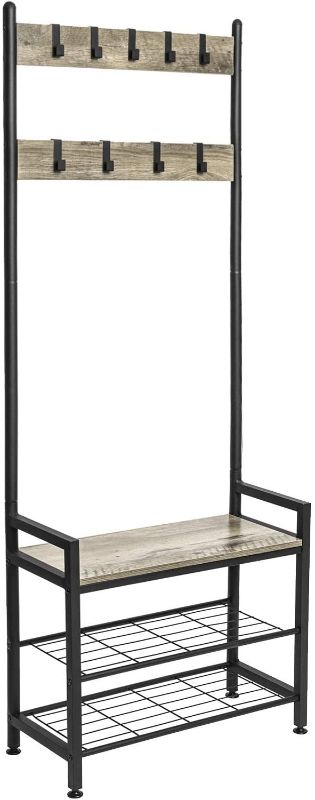 Photo 1 of Ballucci Coat Stand, Shoe Rack Bench with 9 Metal Hooks, Entryway Hall Tree Storage Shelf Organizer, Wood with Sturdy Steel Frame - Rustic Gray
