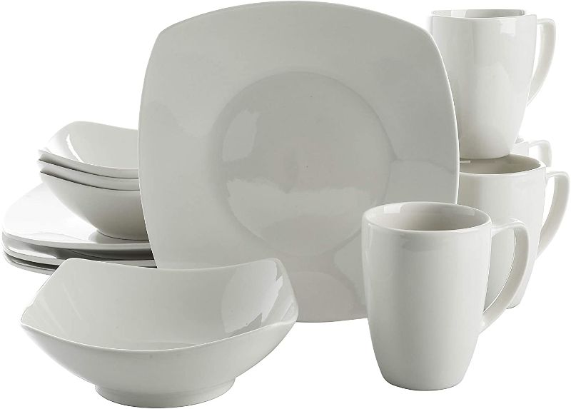 Photo 1 of Gibson Zen Buffetware 12 Piece Square Dinnerware Plate, Bowl, & Mug Set, White