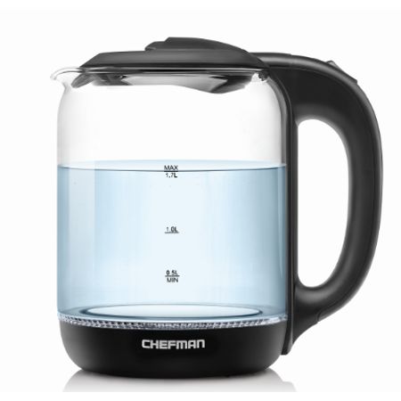 Photo 1 of BUNDLE, Chefman Electric Glass Tea Kettle, Black, 1.7 Liters- WORKS FUNCTIONS
AND, NINJA 72 Oz. Single Speed Power Grey Blender with a Food Processer Pitcher Blender, Silver - **TURNS ON BUT DID NOT FUNCTION**

