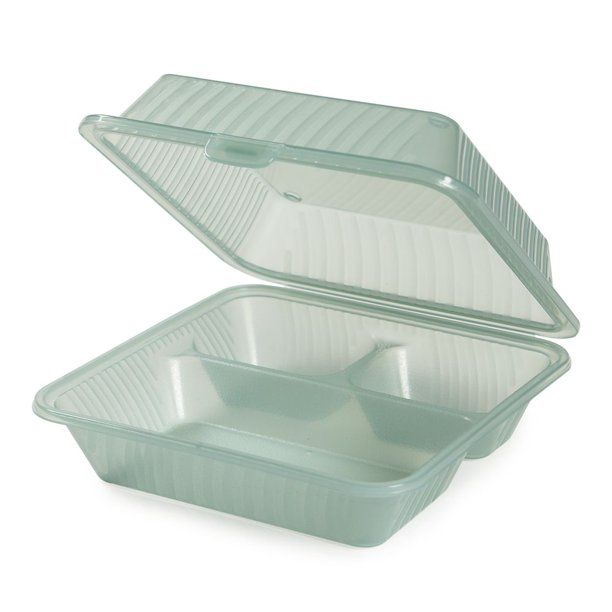 Photo 1 of 2 pack G.E.T. 3 Compartment Jade Polypropylene Eco-Takeout Container - 9"L x 9"W x 3 1/2"H