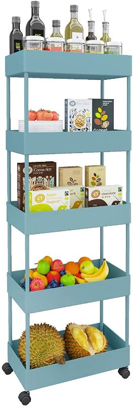 Photo 1 of Generic 5-Tier Slide Out Storage Cart Mobile Slim Rolling Trolley on Wheels Space-Saving Shelf for Narrow Gap, Kitchen, Bathroom (Blue) Missing parts only 2 shelves/part only

