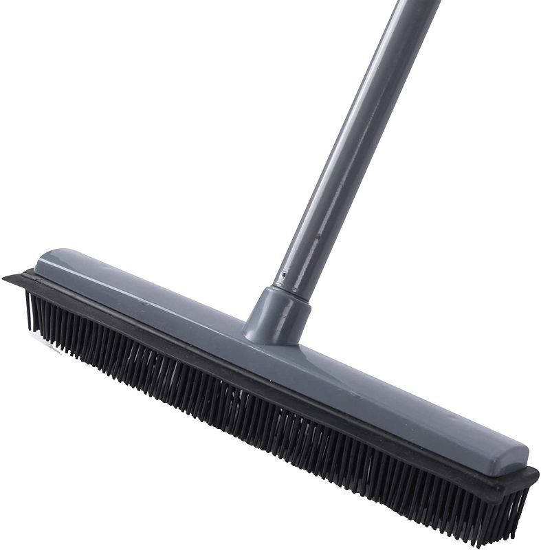 Photo 1 of Rubber Broom Carpet Rake Pet Cat Dog Hair Remover Broom with Squeegee 2in1 Floor Brush for Carpet Long Handle Household Push Broom Carpet Sweeper Rake Floor Brush Hardwood Tile Floor,Grey
