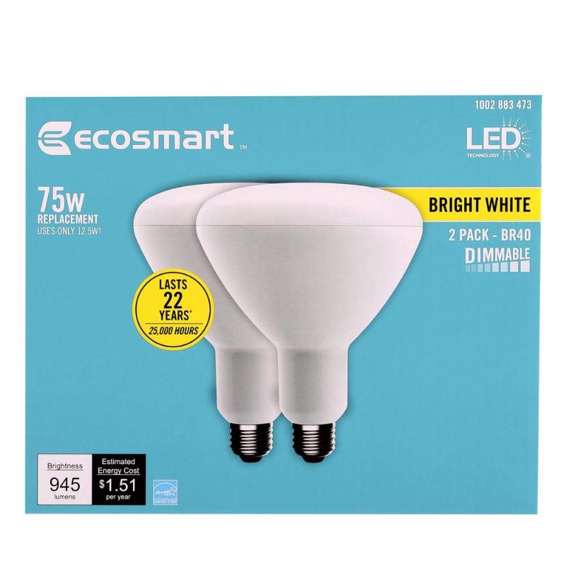 Photo 1 of 2 boxes, 2 pack each
75-Watt Equivalent BR40 Dimmable ENERGY STAR LED Light Bulb Bright White 3000K 
