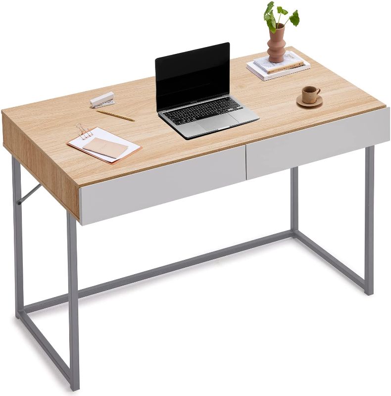 Photo 1 of Harmati Computer Desk with Drawers for Storage - 47 Inch Home Office Writing Desks for Bedrooms, Modern Simple Study Desk for Student (Oak/Light Grey)
