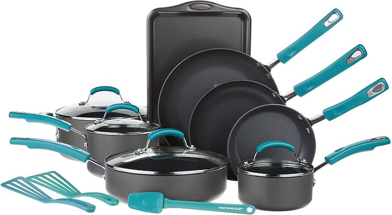 Photo 1 of *Stock photo for reference only*Rachael Ray Classic Brights Hard Anodized Nonstick Cookware Pots and Pans Set, 15 Piece - Agave Blue