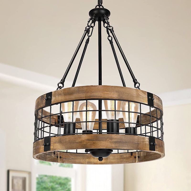 Photo 1 of 4-Light Rustic Chandelier, Round Farmhouse Light Fixtures, Nature Wood Texture and Black Metal Finish.