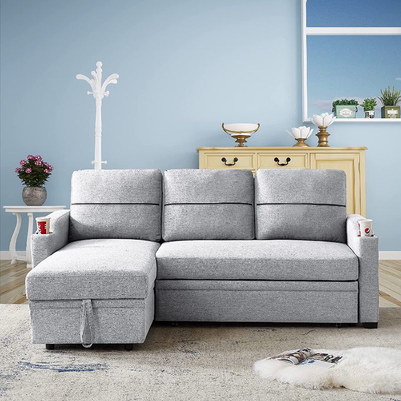 Photo 1 of ***Incomplete***
*Stock photo for reference only*
Melpomene Convertible Sectional Sofa Couch, Sleeper Sofa with Storage, 3-Seat L-Shaped Couch, Linen Upholstered Fabric Corner Sofa, Big Storage Cabinet,2 Cupholders, for Small Living Room. (Grey)