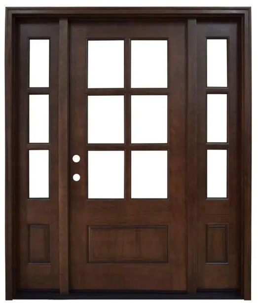 Photo 1 of *****DOES NOT INCLUDE  DOOR KNOBS  ***** 68 in. x 80 in. Savannah Clear 6 Lite RHIS Mahogany Stained Wood Prehung Front Door with Double 14 in. Sidelites
