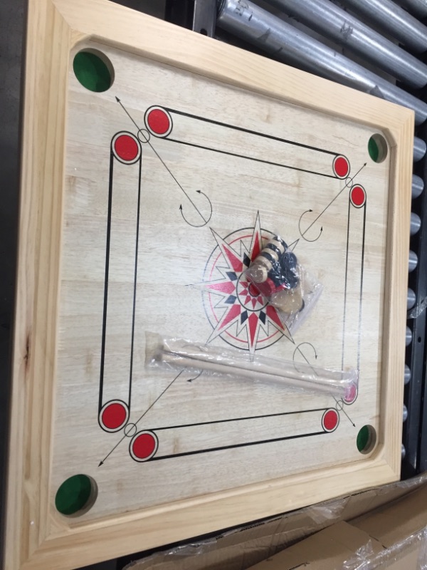 Photo 2 of Carrom Board Game Classic Strike and Pocket Table Game with Cue Sticks, Coins, Queen and Striker for Adults, Kids, Boys and Girls by Hey! Play!
